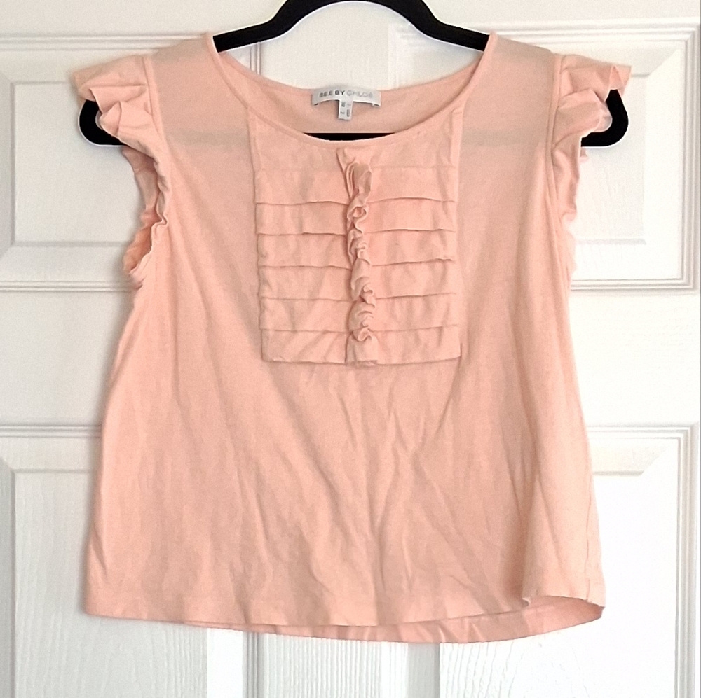 See By Chloé Peach Ruffle Front Short Sleeve Top